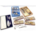 Qty of silver plated & other cutlery inc grape scissors, cased fish servers, sifting spoon etc