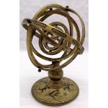 Brass vintage armillary sphere with signs of zodiac ring & constellation detail to base - 28cm