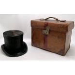 Harrods ltd london antique leather top hat case with a moleskin top hat by S Patey London ltd.