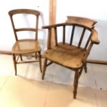 Antique bow back Elm captain's chair, repair to back and requires restoration, 67 cm wide, 46 cm