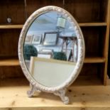 Vintage oval silver coloured easel back dressing table mirror, 57 cm high, 42 cm wide, good