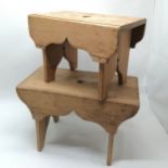 2 x antique pine stools with shaped skirt detail to front & back - largest 52cm x 28cm x 34cm high ~