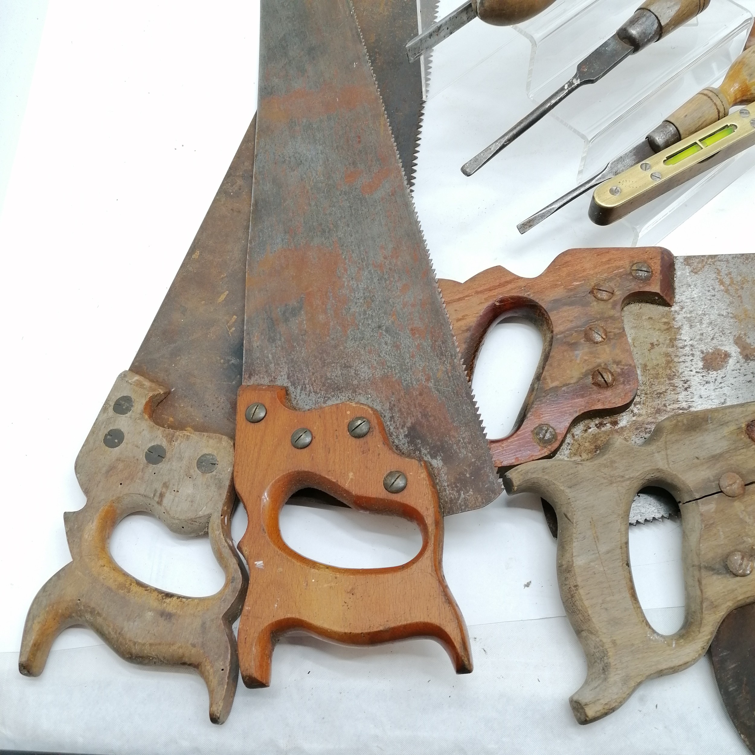 Qty of vintage tools inc 4 x saws (longest 78cm), 4 wood planes, spokeshave, 2 x J Rabone spirit - Image 6 of 8