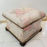 Antique Mahogany upholstered ottoman box, 58 cm wide, 44 cm high, 54 cm deep, heavy used condition.