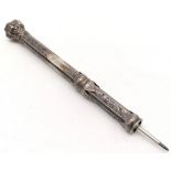 Antique unmarked silver propelling pencil with sardonyx stone set seal end - 13cm & 21g total weight