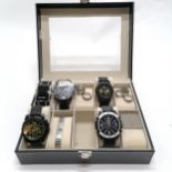 5 x quartz wristwatches in a glass top display box (25cm x 20cm) t/w stainless steel rings &