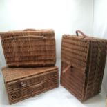 3 x wicker picnic hamper baskets - 1 with double folding lid (54cm x 38cm x 24cm) & 1 has slight