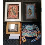 Aboriginal art including printed fabric panel 50cm x 43cm, boomerang, 3 framed fabric panels,