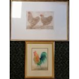 Framed artists proof etching of 2 chickens 'Barefoot, Barefoot...' by Miranda Halsby (b.1948) - 45.