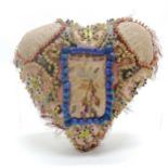 Antique heart shaped sweetheart pillow with original needlework - 18cm across x 17cm deep and has
