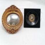 Oval painted portrait miniature of a woman 10cm x 11cm T/W a small gilt plaster convex mirror