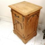 Pine bedside cabinet with gothic arch detail, 47 cm wide, 70cm high, 39 cm deep, good used condition