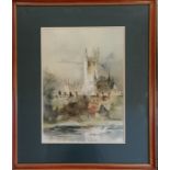 Framed watercolour painting of Bath abbey from river Avon by Hugh John Lane-Davies (b.1927) -