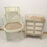 Antique French painted cane seated bedroom chair, 54 cm wide, 88 cm high, 49 cm deep, loose leg, t/w