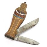 Antique Egyptian revival mummy shaped 2 bladed penknife with enamel detailing 4.5cm long - no