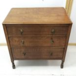 Vintage oak chest of 3 long graduated drawers, on turned legs, 76 cm wide, 77 cm high, 45 cm deep,