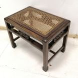 Oriental hardwood dressing table stool, with canework drop in seat, on square carved legs, 56 cm