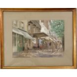 E Hunter 1927 framed Watercolour, busy High Street scene, some foxing to picture mount, 57 cm wide