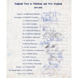 Hand signed Cricket tour sheet 1977-78 England tour to Pakistan and New Zealand inc Botham, Boycott,