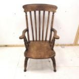 Antique elm slatted back Windsor chair, worn condition with signs of woodworm, and the legs having