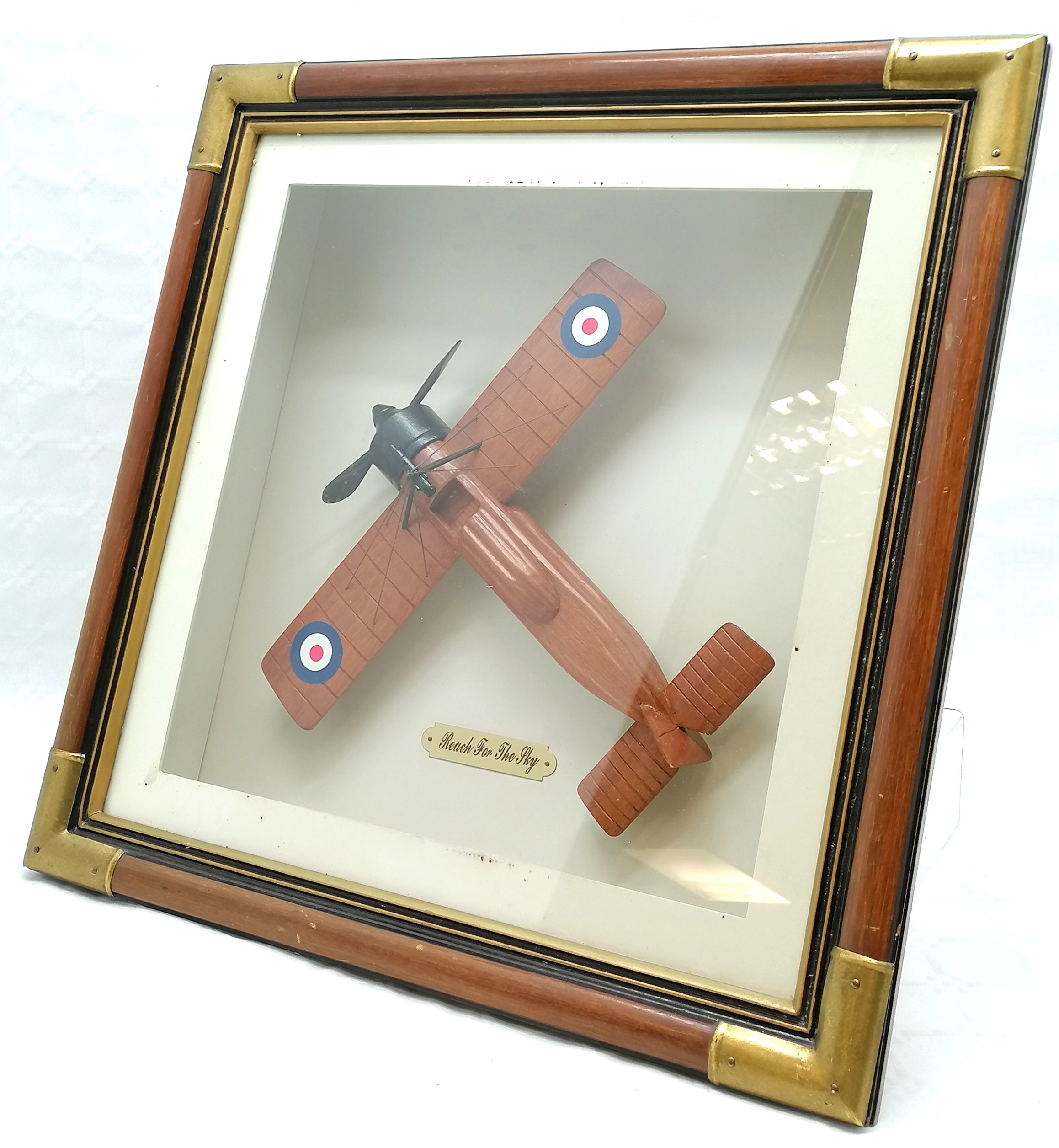 Box framed wooden model of a monoplane 'Reach for the sky' - frame 50cm square