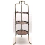 Arts and Crafts Copper and brass 3 tier cake stand, with hammered leaf decoration, 82 cm high, 26 cm