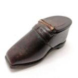 Unusual antique leather snuff shoe box - 11cm long x 4.5cm high and has old repair to hinge of lid