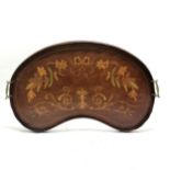 Antique mahogany kidney shaped tray with marquetry design - 68cm across & has old repairs & slight