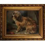 Gilt framed print of a terrier outside his kennel, some losses to frame 53.5 cm wide, 43 cm high -