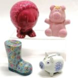4 x money banks - pig celebrating Plymouth Mayflower II, pink pig with yellow bow (12.5cm),