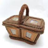 Antique folk art lidded basket with picture panels to sides and lid 30cm x 18cm x 29cm high- in good