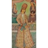Qajar style original signed painting on canvas of prince + princess with a servant - 99cm x 51cm