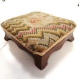 Antique mahogany framed tapestry top footstool, on splayed bracket feet, 40 cm wide, 37 cm deep,