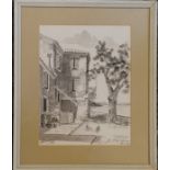 Framed & signed pen and ink painting of Benitsa (Benitses) Korfu (Corfu) - frame 46cm x 38.5cm