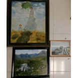 Renoir style oil on board lady in meadow, framed, 66.5 cm wide, 80 cm high, t/w 2 oil on board