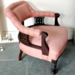 Edwardian mahogany parlour chair upholstered in a pink brocade fabric, 64 cm wide, 66 cm high, 34 cm