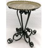 Vintage Persian Brass tray on wrought iron stand, 53 cm high, 43.5 cm diameter.
