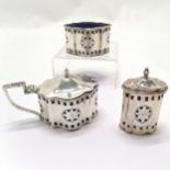 1975 silver cruet set with blue glass liners & matched (same maker) spoon by Francis Howard Ltd -