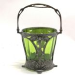 WMF Art Nouveau biscuit box (Lacking lid) with green glass liner - total height (with handle up)