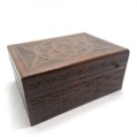 Antique walnut writing slope with geometric chip carved detail and original glass inkwell - 30cm x