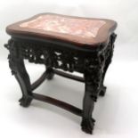 Antique Chinese hardwood carved stand with inset marble top top on ball claw feet - 32cm x 42cm x