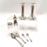 Qty of silver inc pair of candlesticks (11cm high), 2 condiment spoons, pepperette, lidded pot