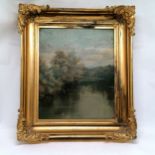 Gilt framed oil painting on panel of a view on the river Nore near Ballyduff by Hon Mrs Shore -