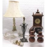 Antique oak cased clock (35cm & runs), pair of cut crystal doorknobs, bronze lamp (42cm) etc - WE