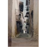 Framed watercolour painting of a street scene in Seo de Urgel (La Seu d'Urgell) by Deborah L Tilby -