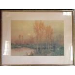 Framed print of a lady with geese near a lake with trees by A F De Breanski - 61.5cm x 81cm