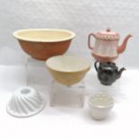Antique cream glazed dairy bowl 33cm diameter, 2 jelly moulds, 2 teapots (slight a/f) etc