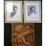 Pair of framed portraits t/w vintage print by Diego Rivera (frame 49.5cm square)