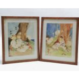 2 x framed vintage nursery rhyme drawings inc Babes in the wood - frame 27cm x 22cm