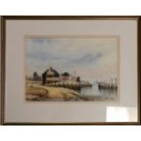 Framed watercolour harbourside scene, indistinct signature, 52 cm wide, 42 cm high to include frame.